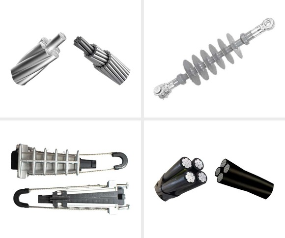 Inventta catalogue line materials: ACSR conductor, silicone long rod insulator, ABC dead-end clamps, ABC aerial bundle cable