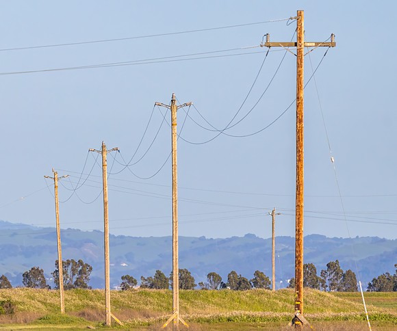 Medium-voltage overhead line on wooden poles across open grassland